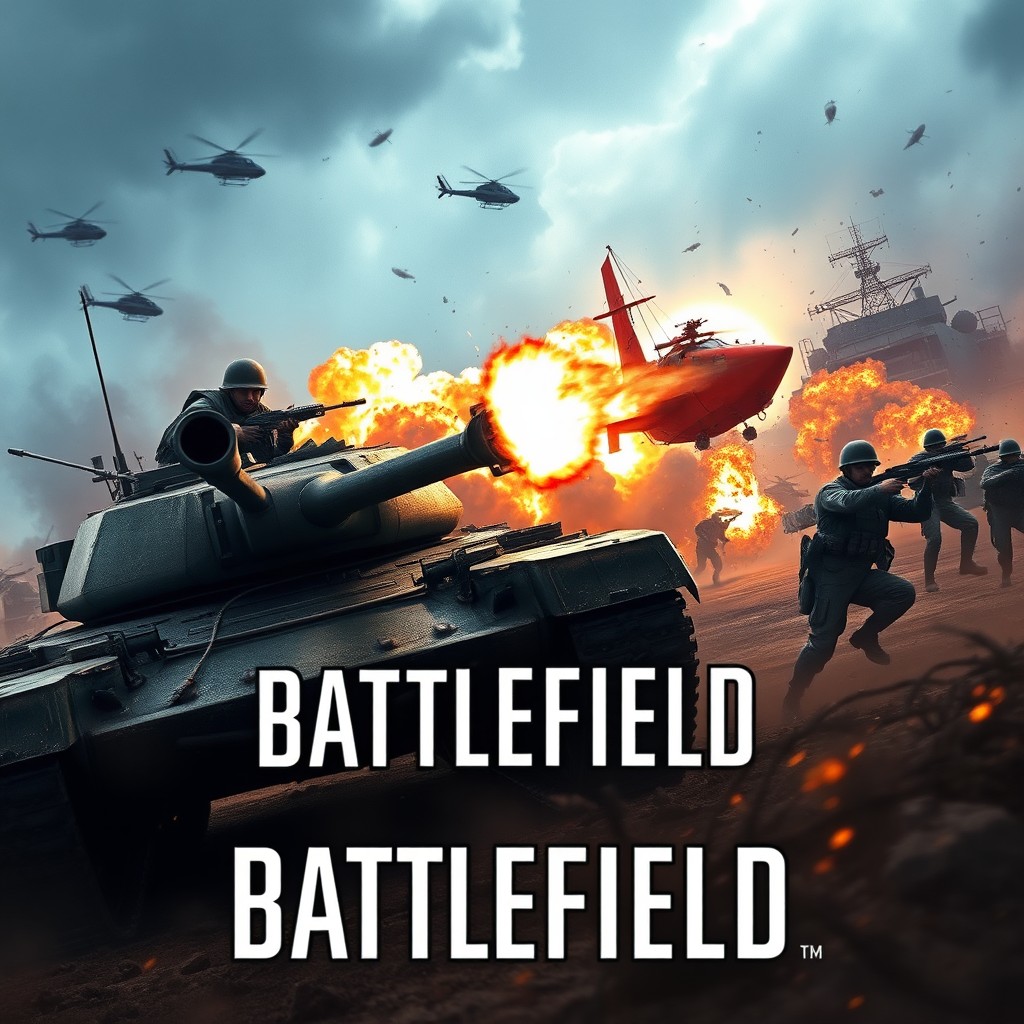 A dynamic and intense thumbnail for a Battlefield game, showcasing a fierce battle scene with soldiers in full combat gear, engaging in action-packed skirmishes