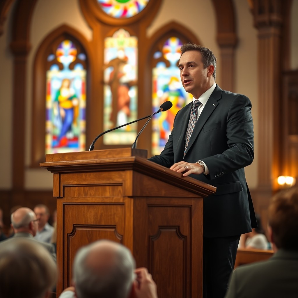 A man standing confidently behind a wooden pulpit, passionately preaching to an audience