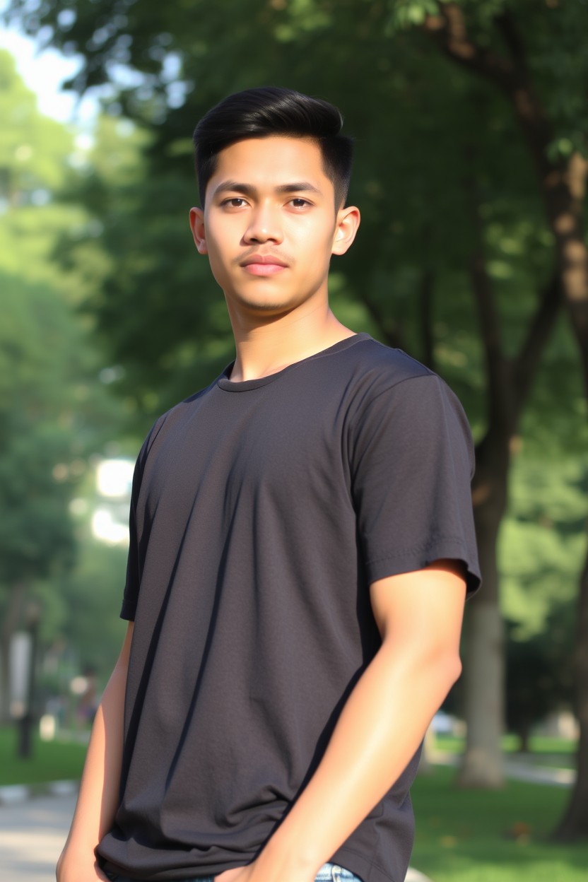 A handsome 28-year-old Indonesian man with tan skin, wearing a black t-shirt and jeans, standing in a city park surrounded by green trees