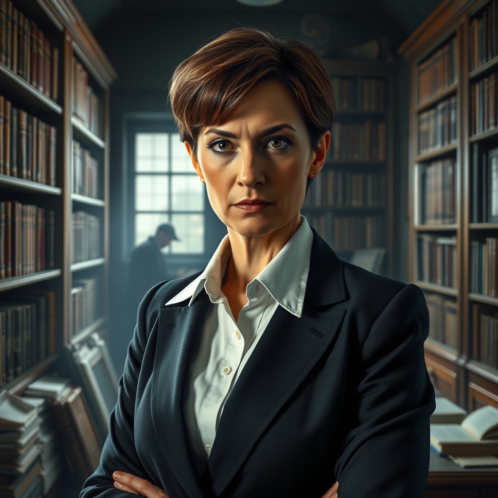 A hyper-realistic portrait of a stern middle-aged female high school principal standing in her office, which is dimly lit, giving a mysterious atmosphere