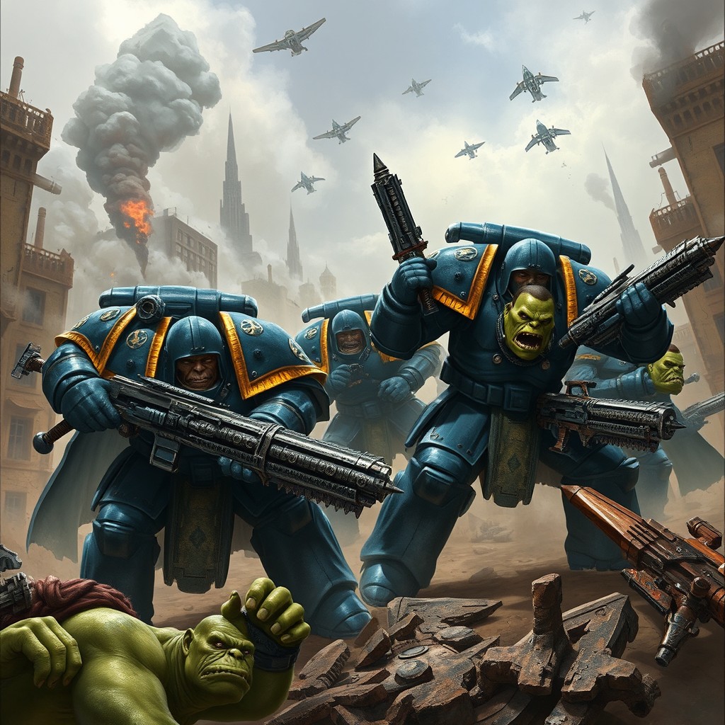 A dynamic and dramatic scene set in the Warhammer universe, featuring heavily armored Space Marines in an intense battle against grotesque Orks in a ruined city landscape