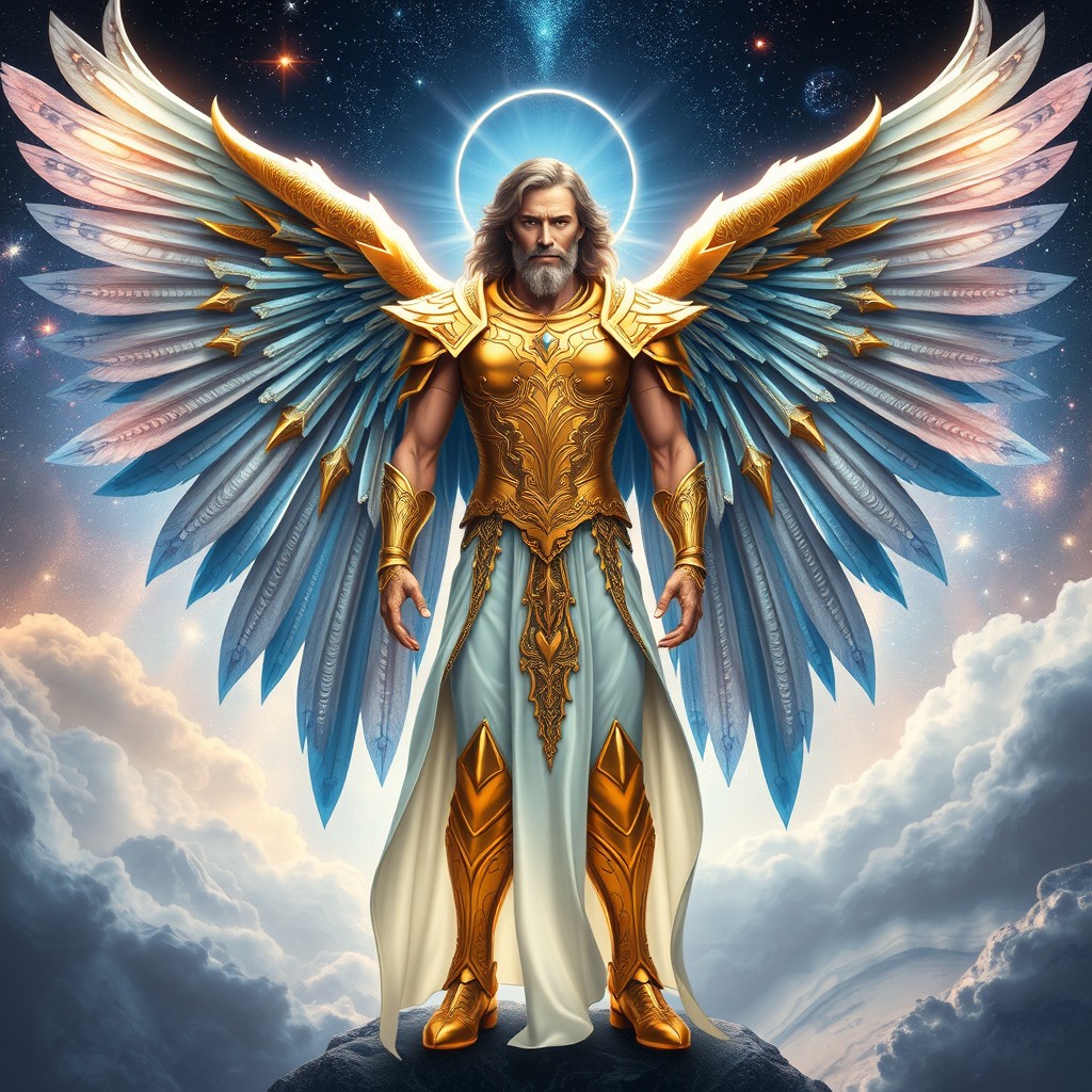 A full-body depiction of Archangel Metatron, portrayed as a strong male figure, standing confidently and facing forward
