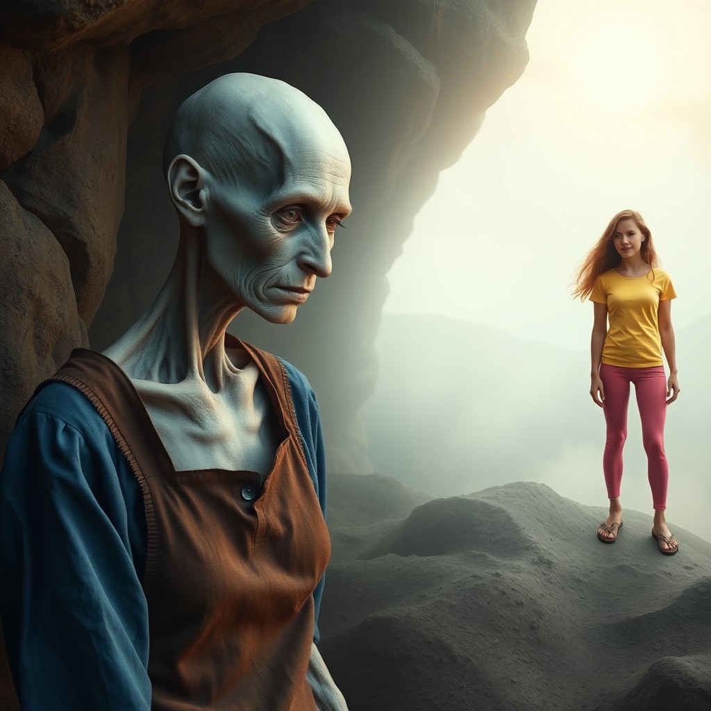 A surreal scene featuring a slender, almost lifeless woman around 33 years old, depicted with a look of despair, dressed in a blue and brown outfit that reflects her struggle with cancer