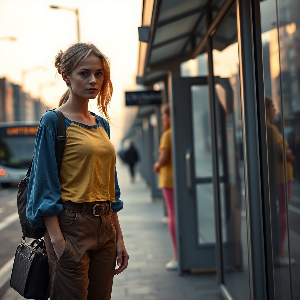 A poignant scene depicting a slender woman around 33 years old, showing signs of depression as she travels through time