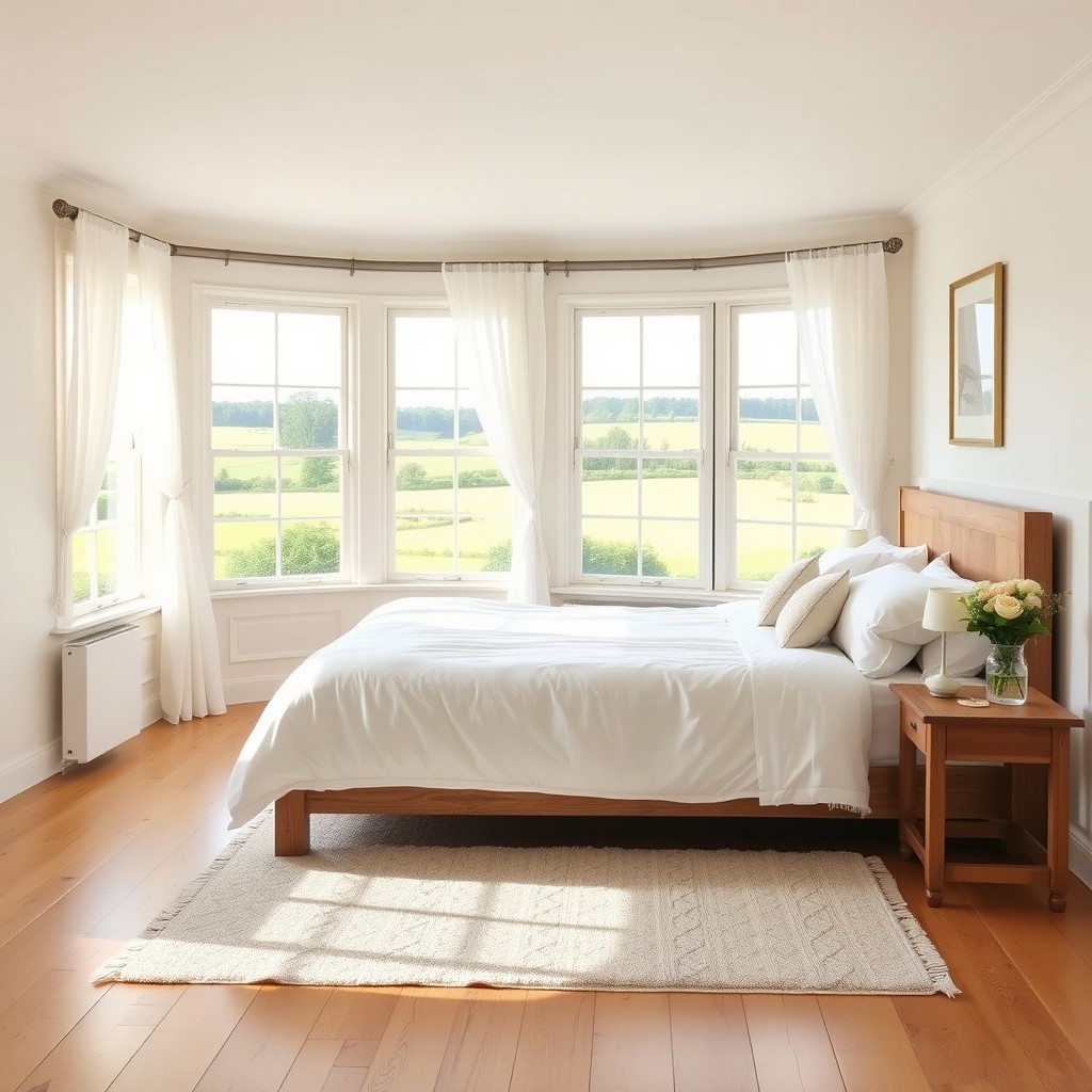A spacious and inviting country house bedroom featuring a large bed with plush white linens and decorative throw pillows