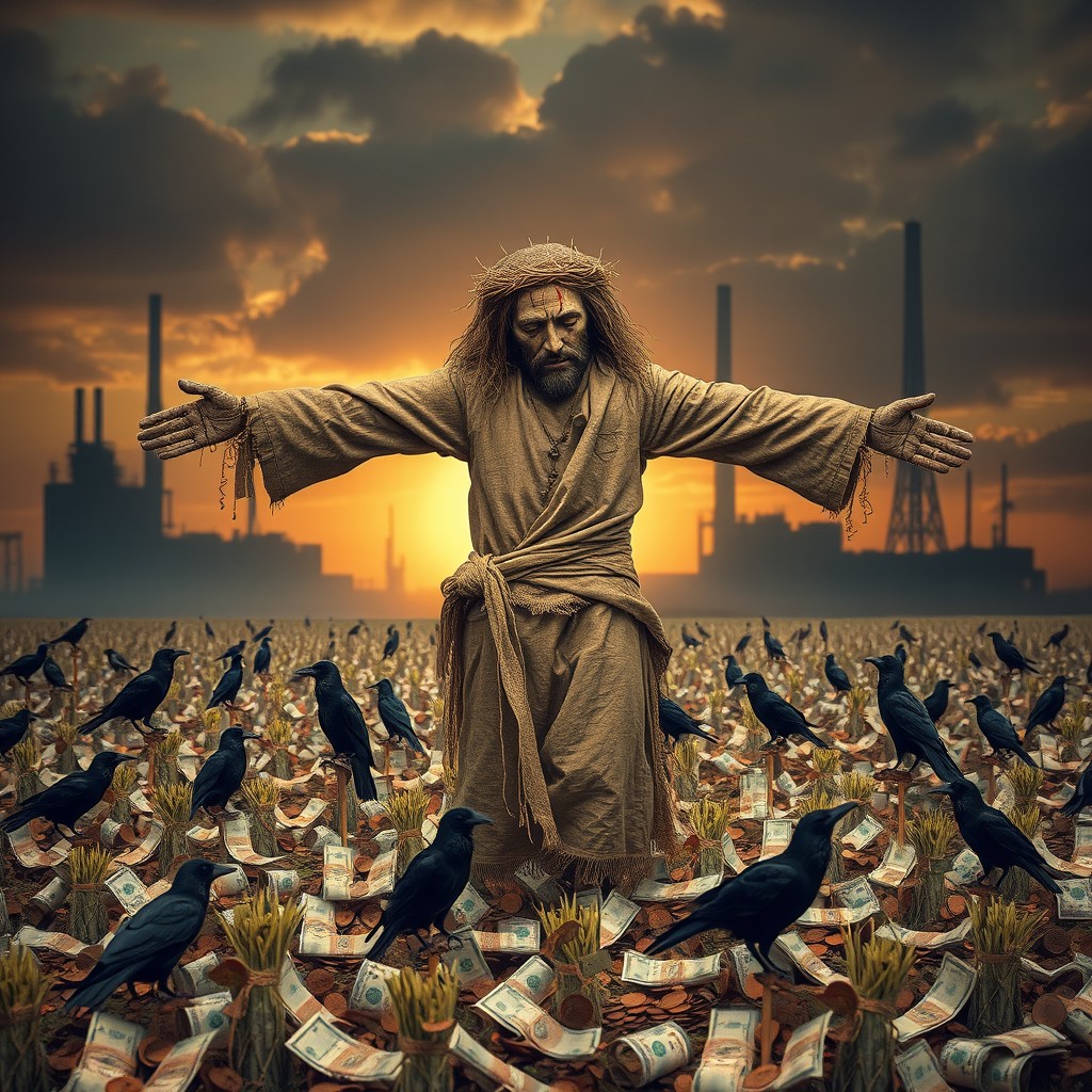 A symbolic artwork depicting a scarecrow standing solemnly in the center of a vast field made entirely of money, with banknotes and coins spreading out like crops
