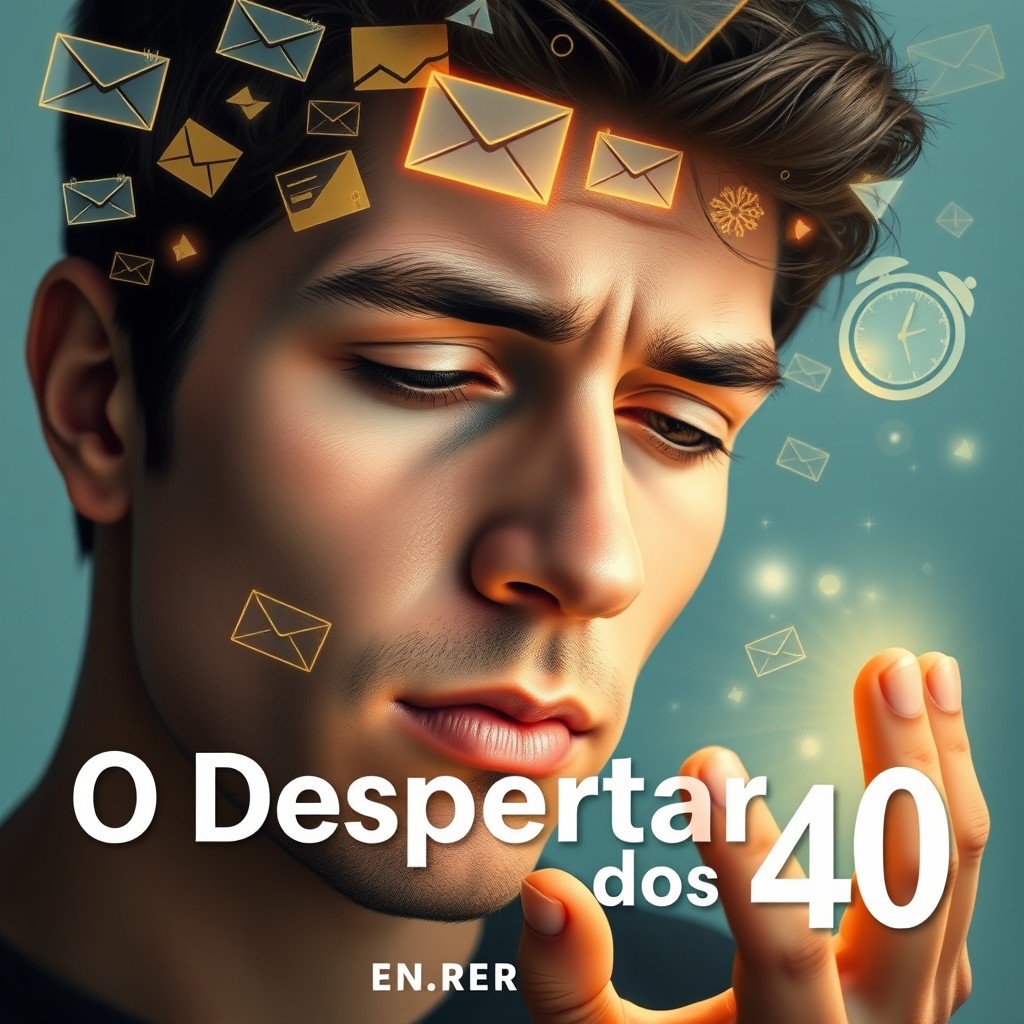 A book cover for 'O Despertar dos 40', featuring a close-up of a millennial person's face (could be male, reflecting the author) showing a blend of fatigue and deep reflection, yet with a subtle touch of newfound peace or determination in their eyes