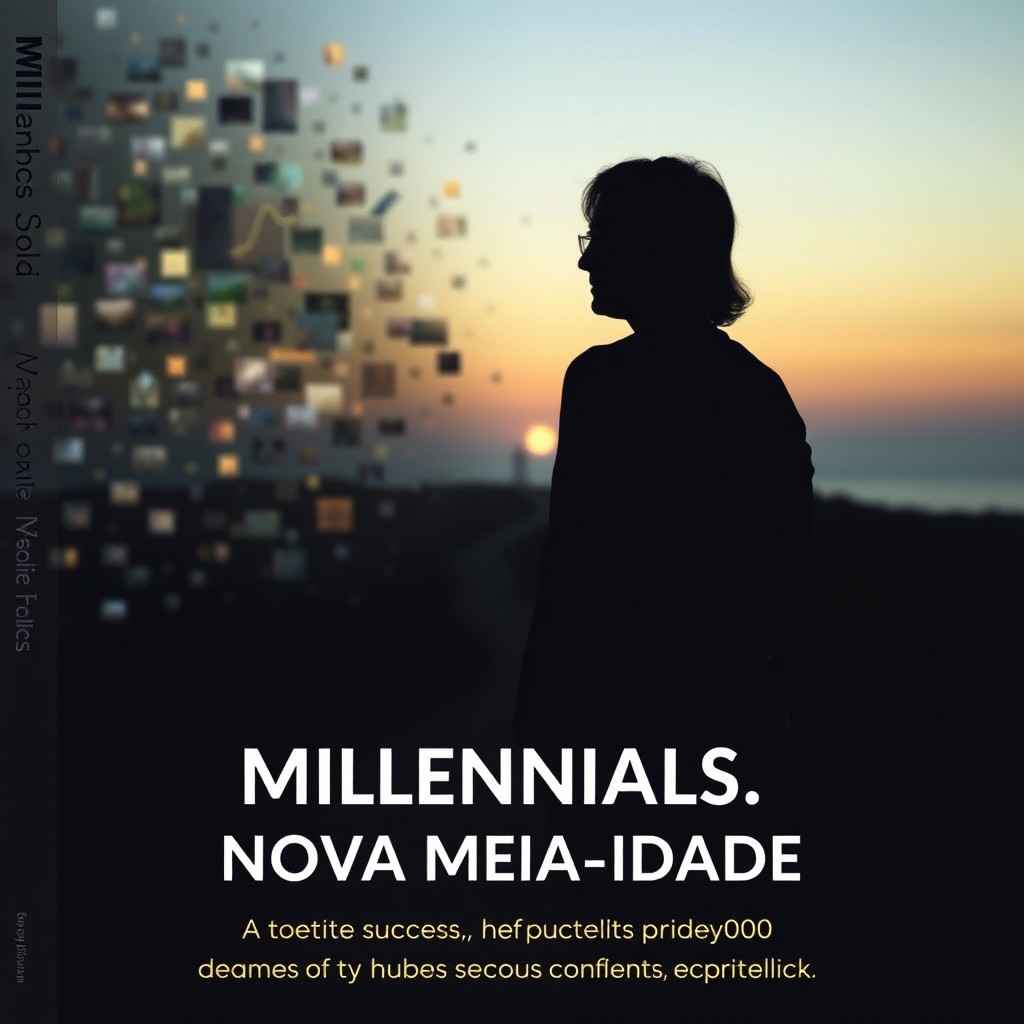 A book cover for 'Millennials: A Nova Meia-Idade', featuring a gender-neutral silhouette of a person in their 40s standing at a crossroads or on a winding path