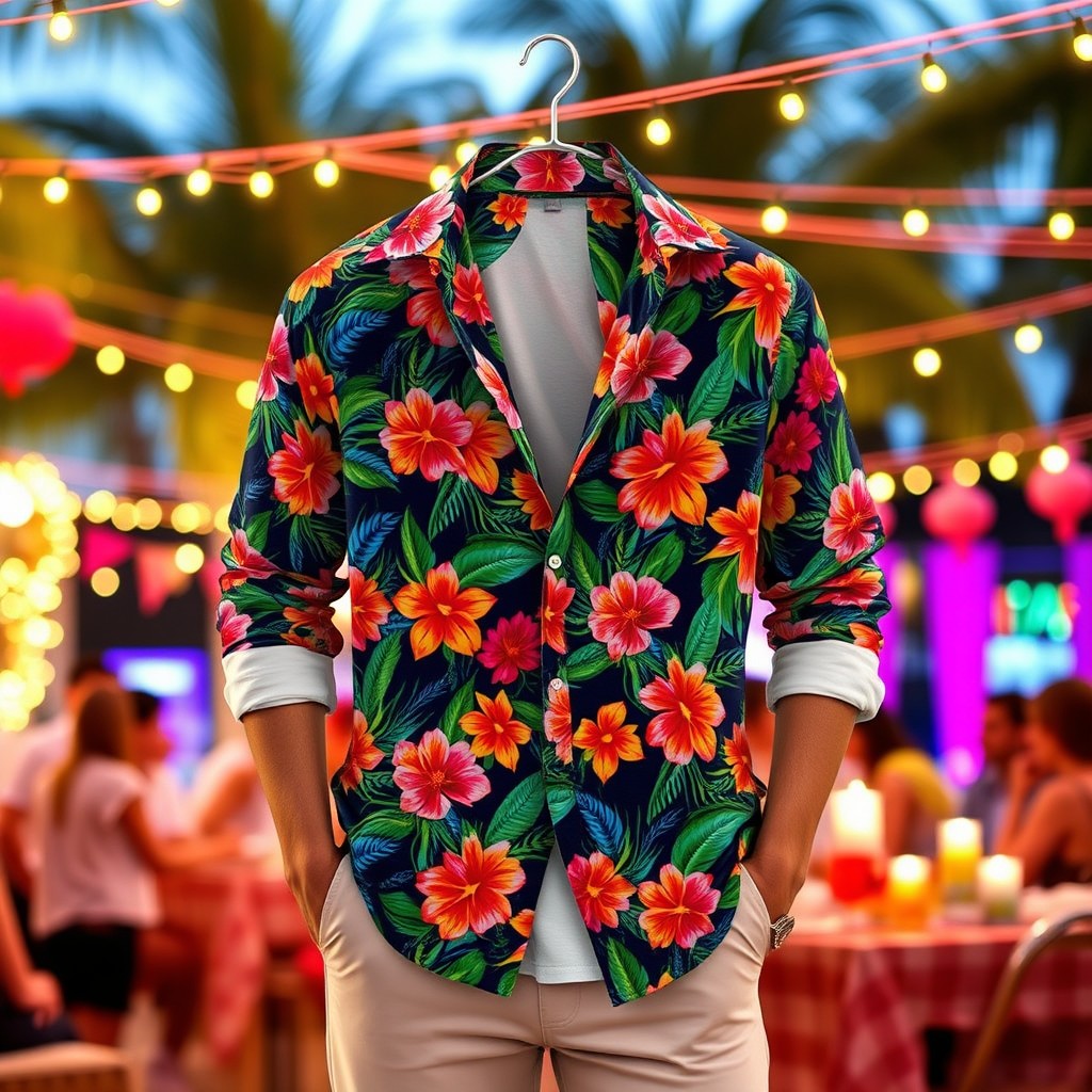 A fashionable short party shirt with long sleeves and an open collar, featuring a vibrant floral pattern in tropical colors