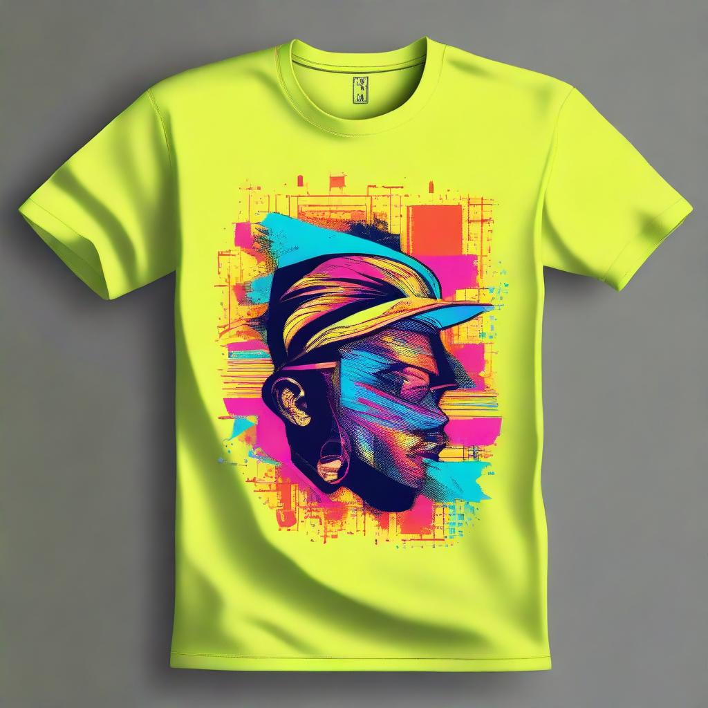 Generate an innovative and unique t-shirt design, incorporating distinctive graphics and vibrant colors, setting it apart from typical designs.