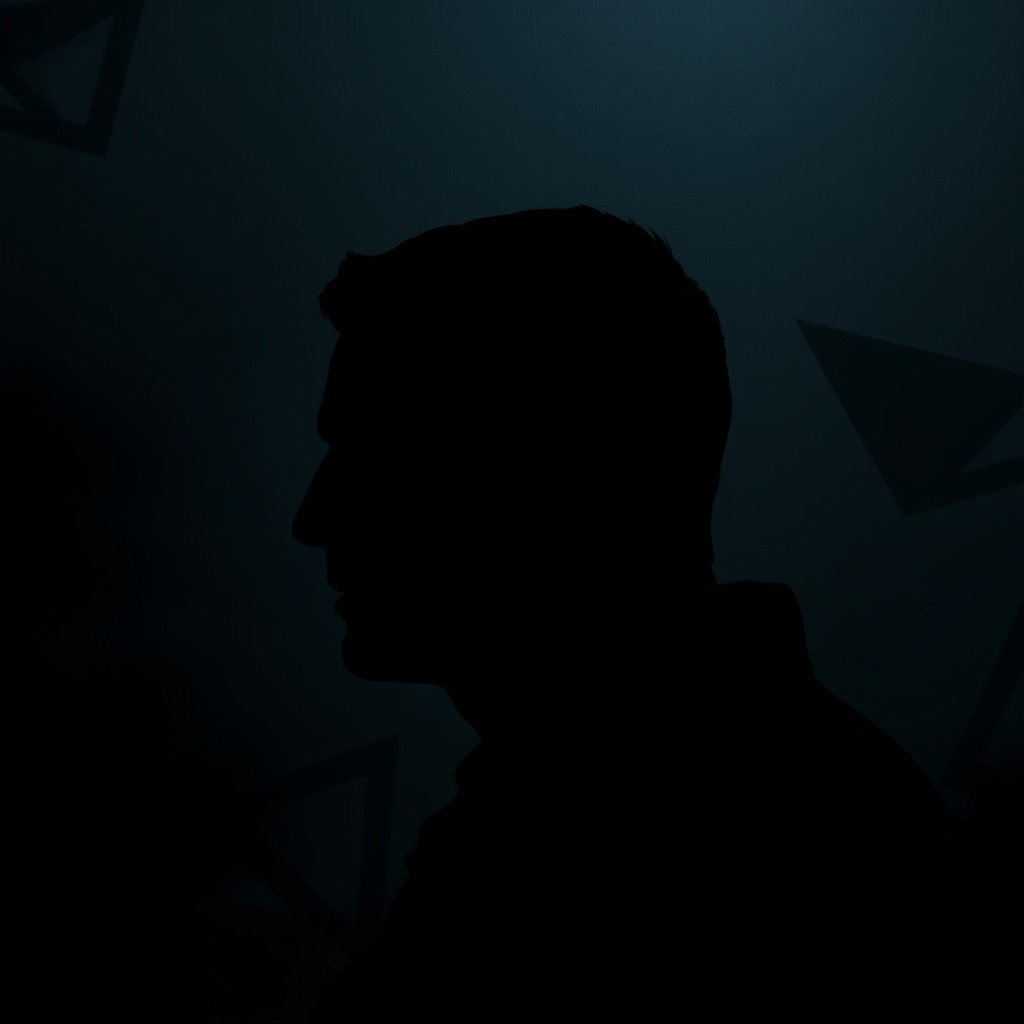 A dramatic silhouette of a man's head, fully in shadow, with a strikingly dark and black aesthetic
