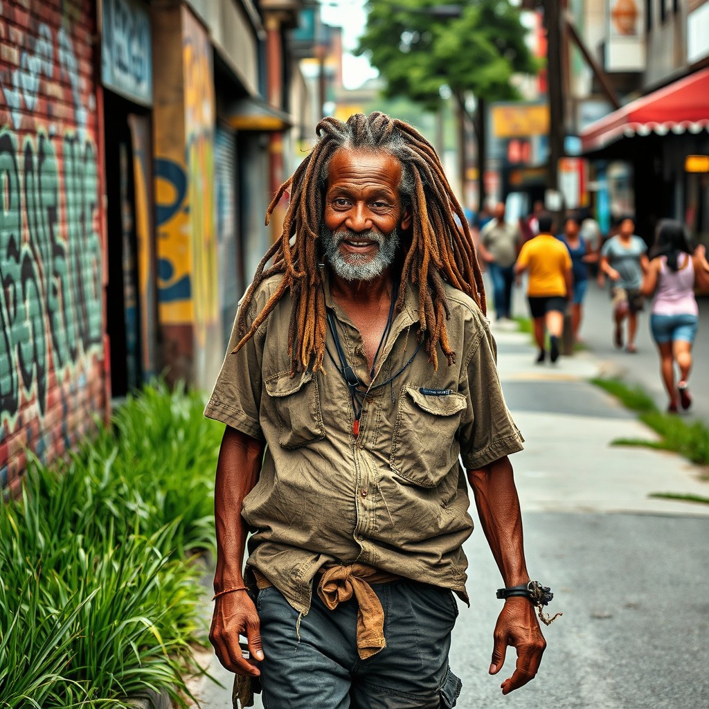 A unique street scene in Port Moresby, featuring a middle-aged man embodying the 'Rasta' lifestyle