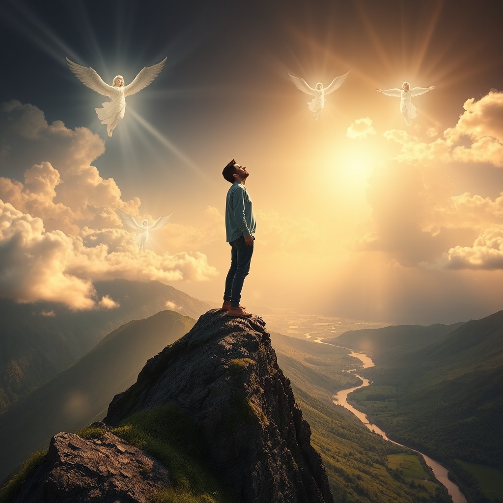 A dramatic and uplifting scene depicting a person standing on a mountain peak, looking up towards a radiant sky filled with celestial beings glowing in soft light
