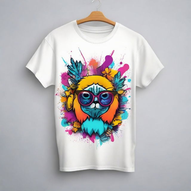 Generate a completely new and unique t-shirt design that blends novelty with style, featuring unique graphics and unexpected bursts of color.