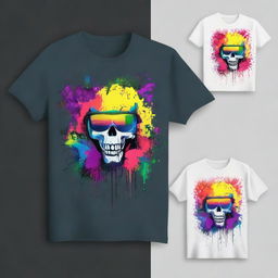 Generate a completely new and unique t-shirt design that blends novelty with style, featuring unique graphics and unexpected bursts of color.