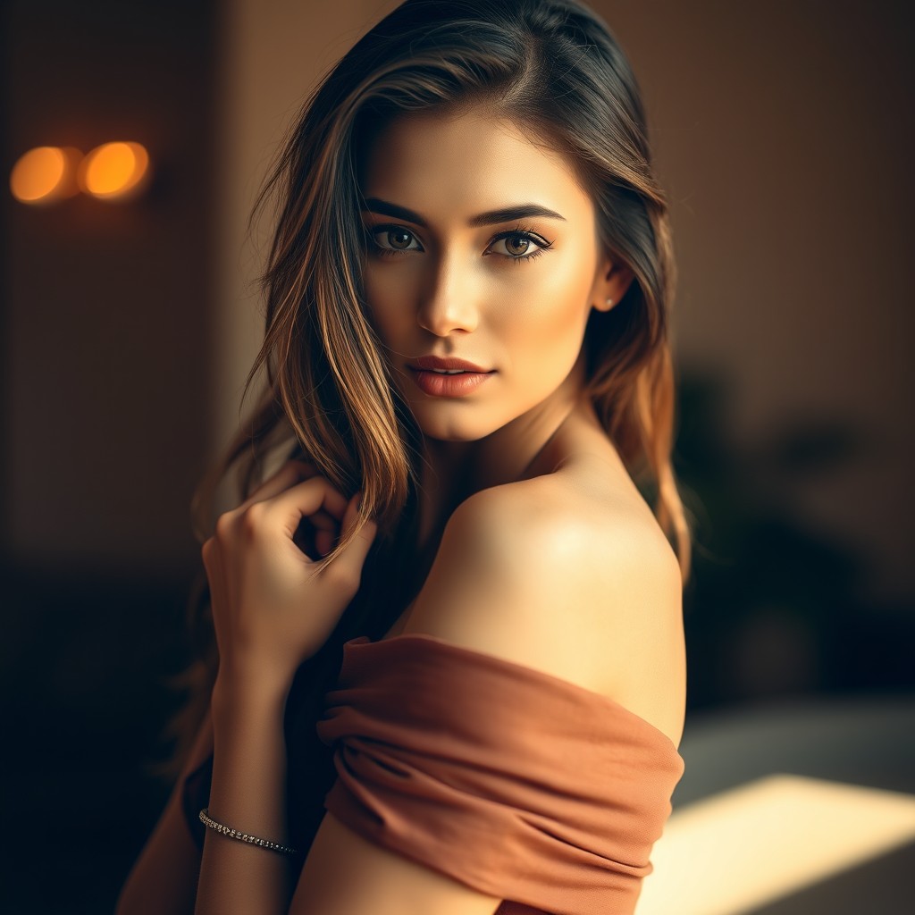 A close-up portrait of a beautiful woman with an elegant pose, showcasing her confidence and allure