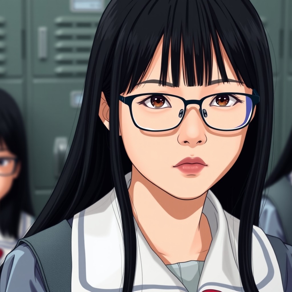 A serious-looking high school girl with long, straight black hair and glasses