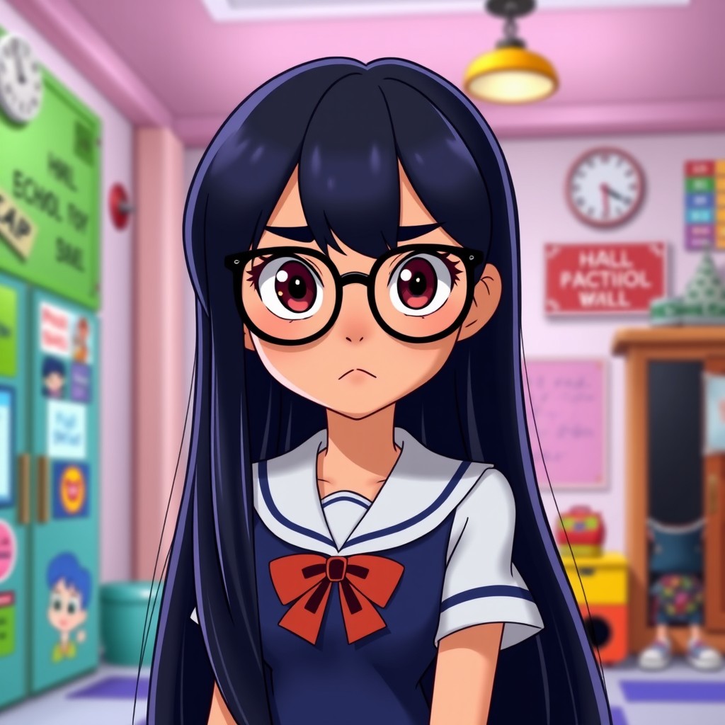 A Disney-style character of a serious-looking high school girl with long, straight black hair and glasses
