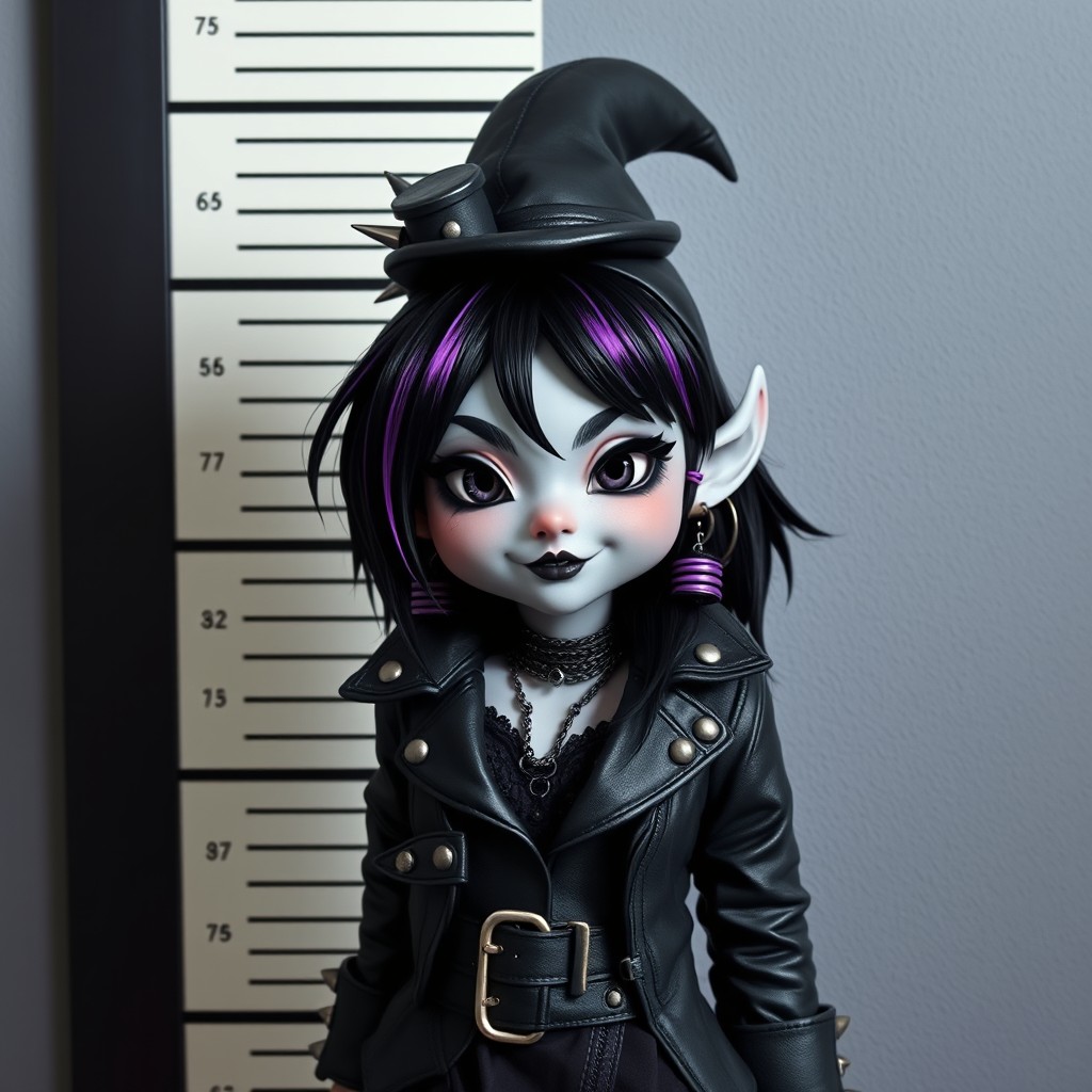 A mugshot of an adorable female goth gnome rogue, displaying her mischievous personality through her playful yet edgy expression