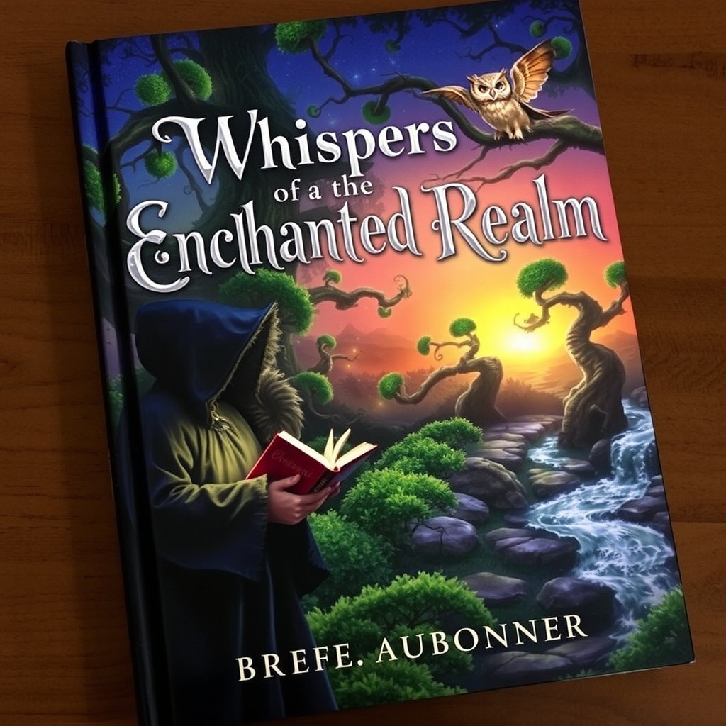 A captivating book cover featuring an enchanted forest at twilight, with lush green trees twisted into whimsical shapes and soft glowing lights illuminating the scene