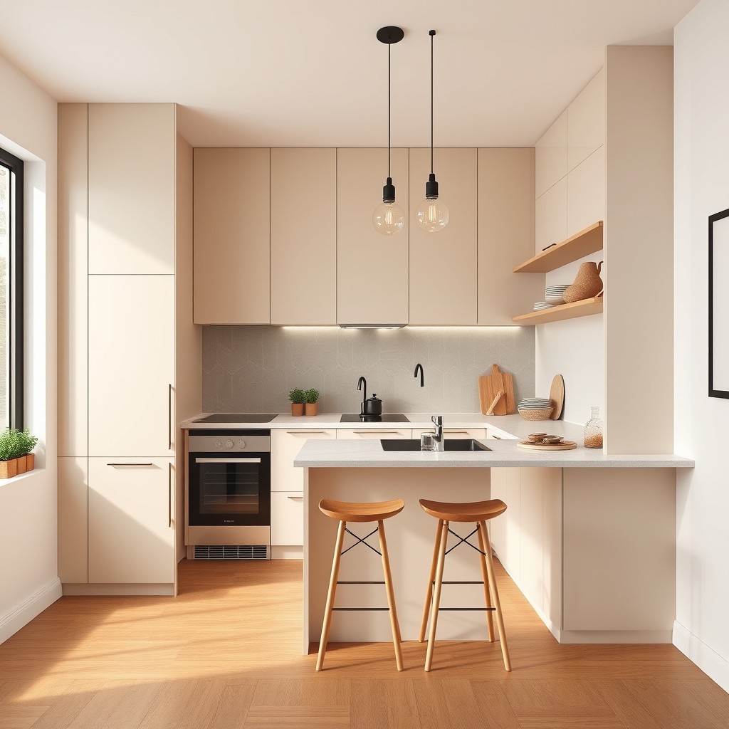 Design a cozy and modern small kitchen that spans a wall 3 meters wide and 2