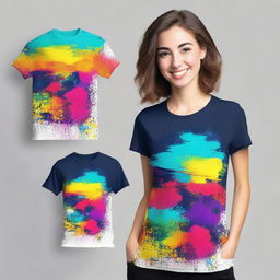 Generate a completely new and unique t-shirt design that blends novelty with style, featuring unique graphics and unexpected bursts of color.