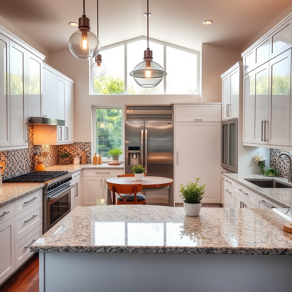 An inviting and modern kitchen design, featuring sleek white cabinets with a glossy finish, a large kitchen island with sparkling granite countertops, and stylish pendant lights hanging above
