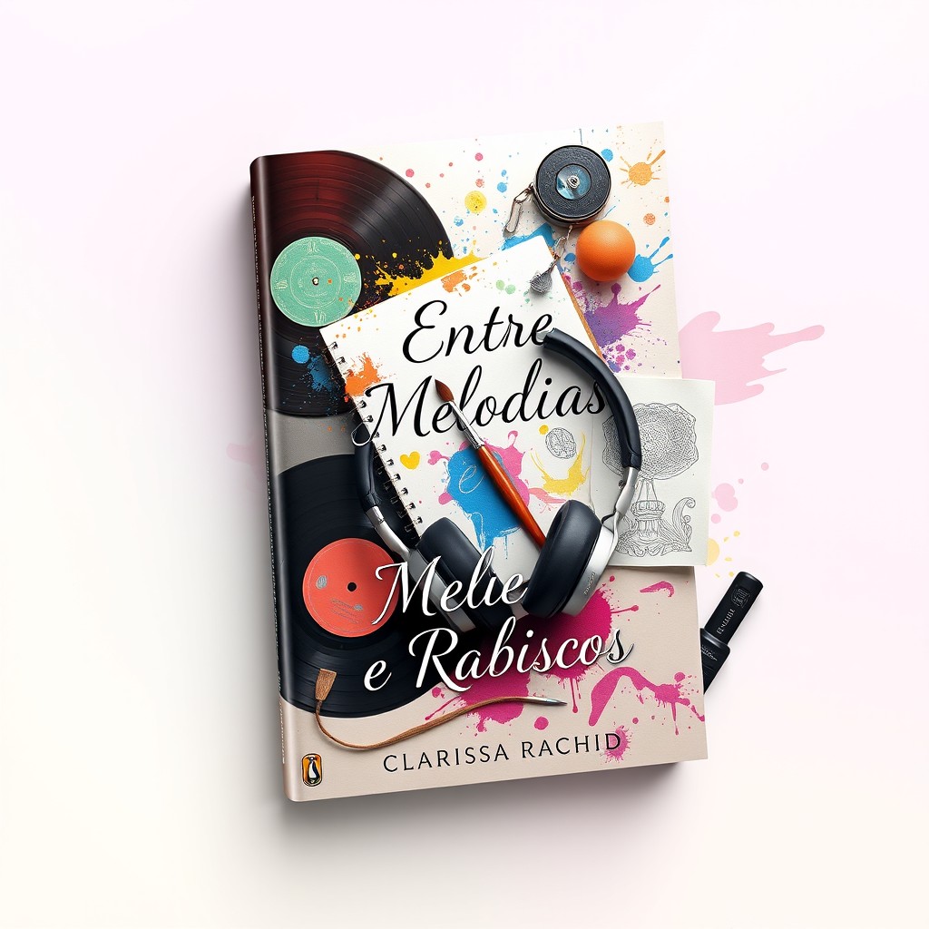 A captivating book cover design for "Entre Melodias e Rabiscos" by Clarissa Rachid
