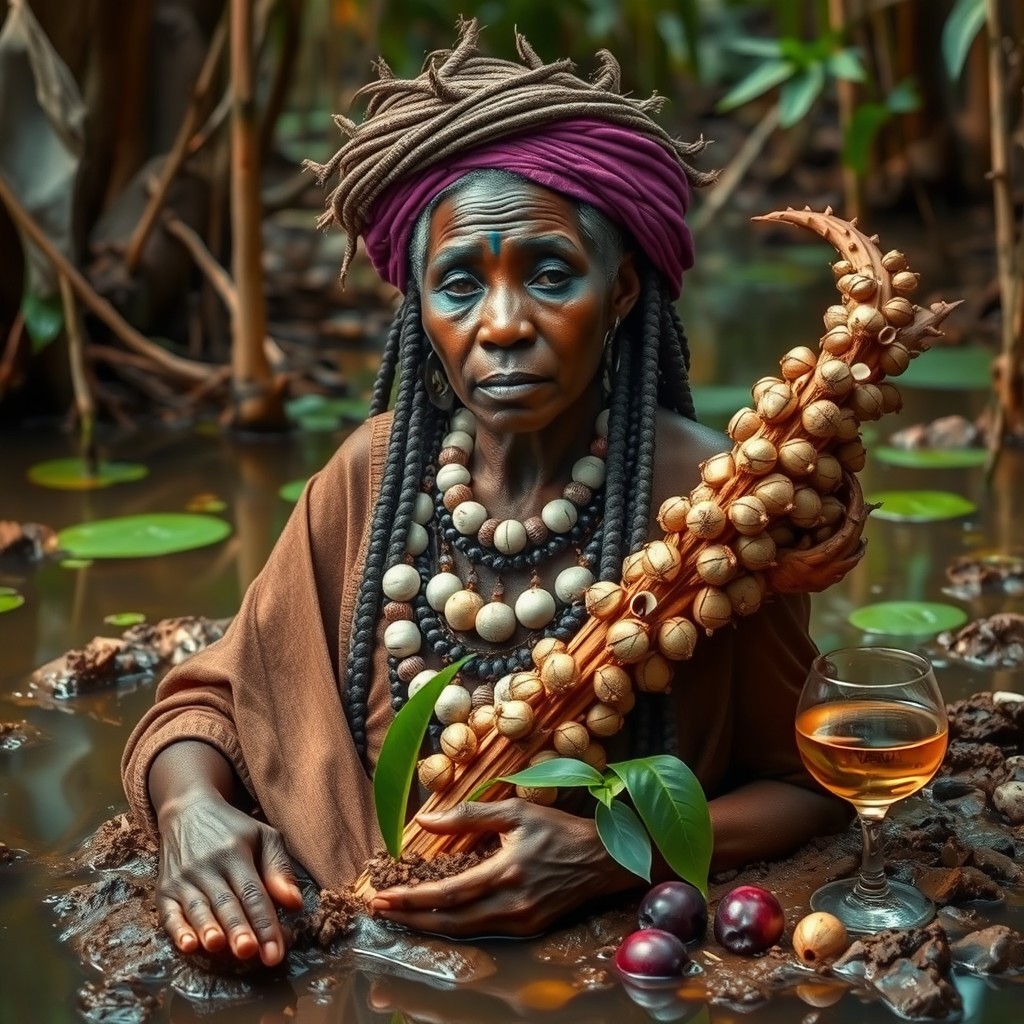 A powerful representation of Nanã Buruquê, the ancient African orixá, depicted as a wise and tranquil woman in her natural habitat of a lush, vibrant swamp
