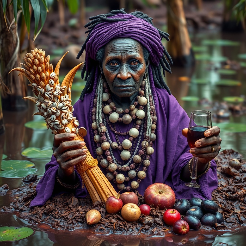 A powerful representation of Nanã Buruquê, the ancient African orixá, depicted as a wise and tranquil woman in her natural habitat of a lush, vibrant swamp
