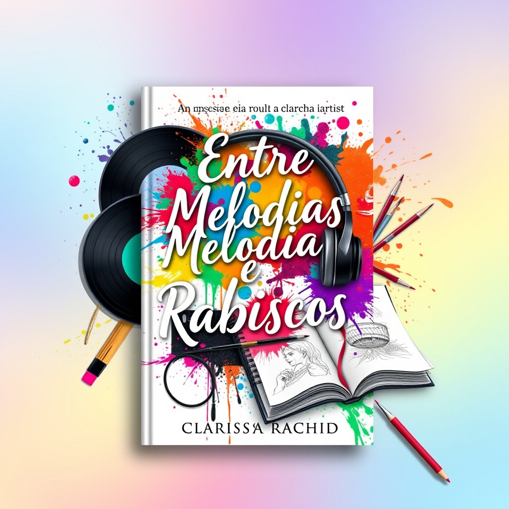 A stunning book cover design for "Entre Melodias e Rabiscos" by Clarissa Rachid