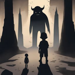 A child standing strong in a dark, symbolic landscape, courageously confronting towering shadowy figures representing inner demons, emphasizing a feeling of overcoming internal struggles.