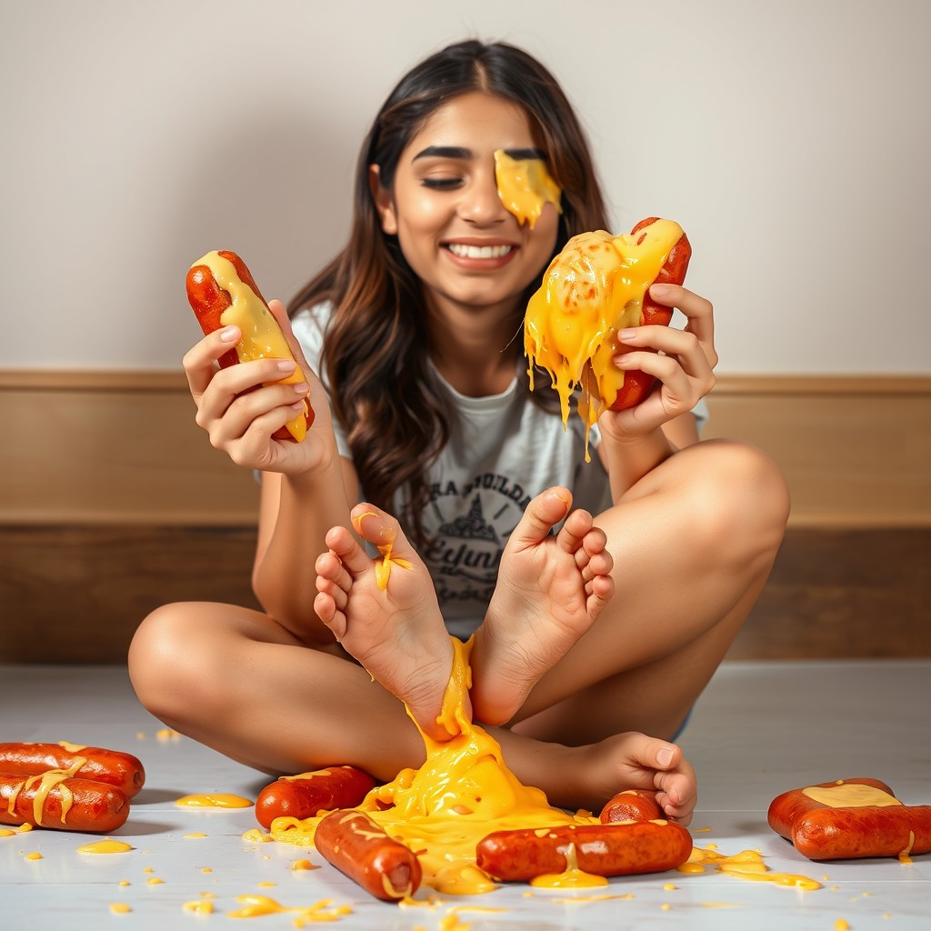 A hot Pakistani girl, 18 years old, sitting criss cross on the floor, smiling with her eyes closed
