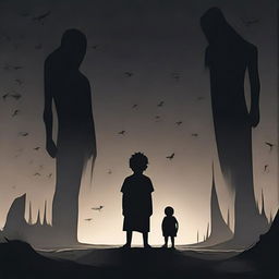 A child standing strong in a dark, symbolic landscape, courageously confronting towering shadowy figures representing inner demons, emphasizing a feeling of overcoming internal struggles.