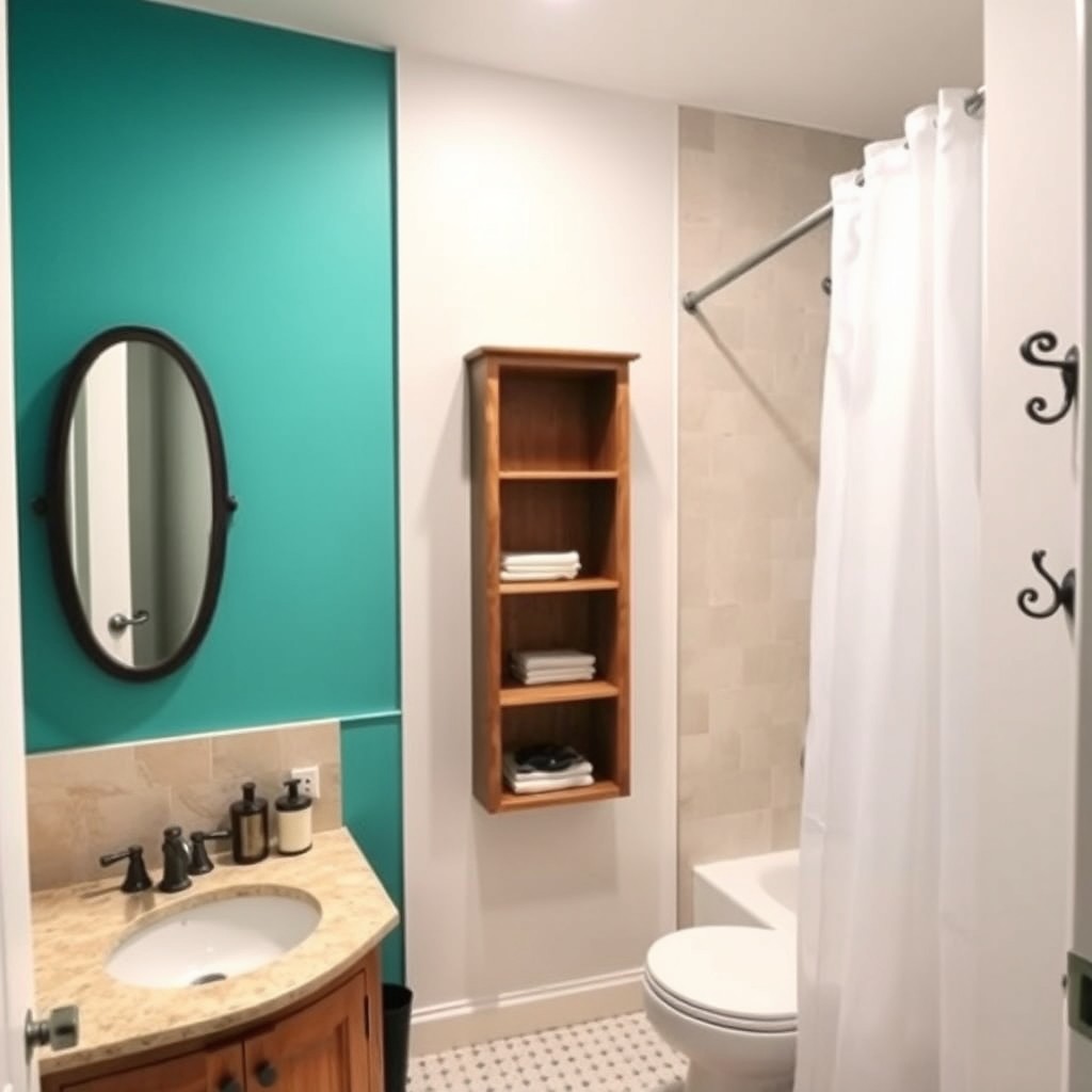 A beautifully designed bathroom featuring a turquoise wall and a tall glass cabinet with wooden shelves