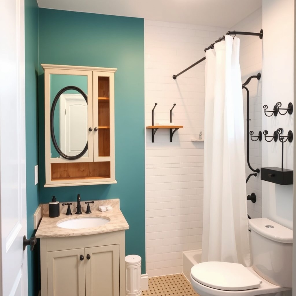 A stylish bathroom featuring a calypso-colored wall and a tall glass cabinet with wooden shelves