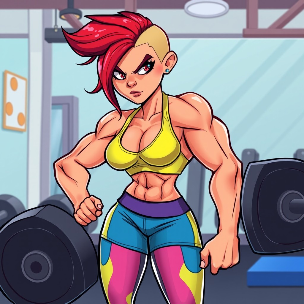 A cartoon-style fit young woman with a muscular physique, sporting a fierce expression