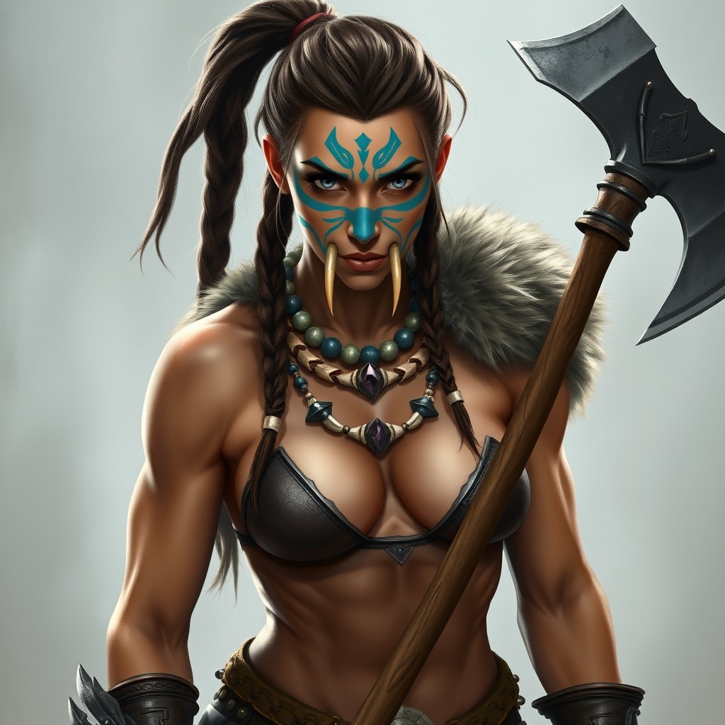 A fierce barbarian warrior with chocolate brown braided hair pulled back in a ponytail