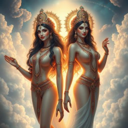 A visually striking scene depicting two beautiful Apsaras with glowing, milky skin, elegantly adorned with intricate jewelry around their necks and delicate payal on their feet