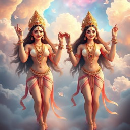 A visually striking scene depicting two beautiful Apsaras with glowing, milky skin, elegantly adorned with intricate jewelry around their necks and delicate payal on their feet