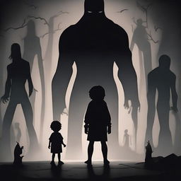 A child standing strong in a dark, symbolic landscape, courageously confronting towering shadowy figures representing inner demons, emphasizing a feeling of overcoming internal struggles.