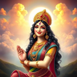 A beautiful Devi figure smiling playfully in a celestial paradise (Swarg), exuding a sense of allure and charm