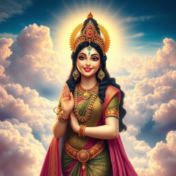 A beautiful Devi figure smiling playfully in a celestial paradise (Swarg), exuding a sense of allure and charm