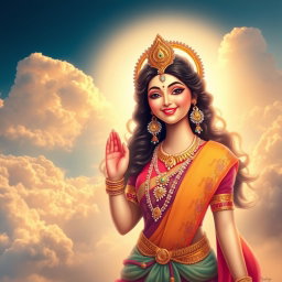 A beautiful Devi figure smiling playfully in a celestial paradise (Swarg), exuding a sense of allure and charm