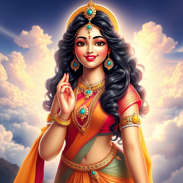 A beautiful Devi figure smiling playfully in a celestial paradise (Swarg), exuding a sense of allure and charm