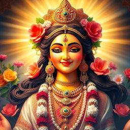 A beautiful Hindu Devi figure with a warm and inviting smile, radiating peace and divinity