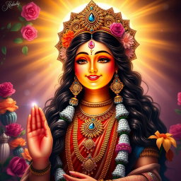 A beautiful Hindu Devi figure with a warm and inviting smile, radiating peace and divinity