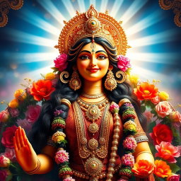 A beautiful Hindu Devi figure with a warm and inviting smile, radiating peace and divinity