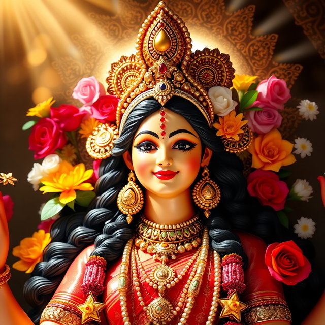 A beautiful Hindu Devi figure with a warm and inviting smile, radiating peace and divinity