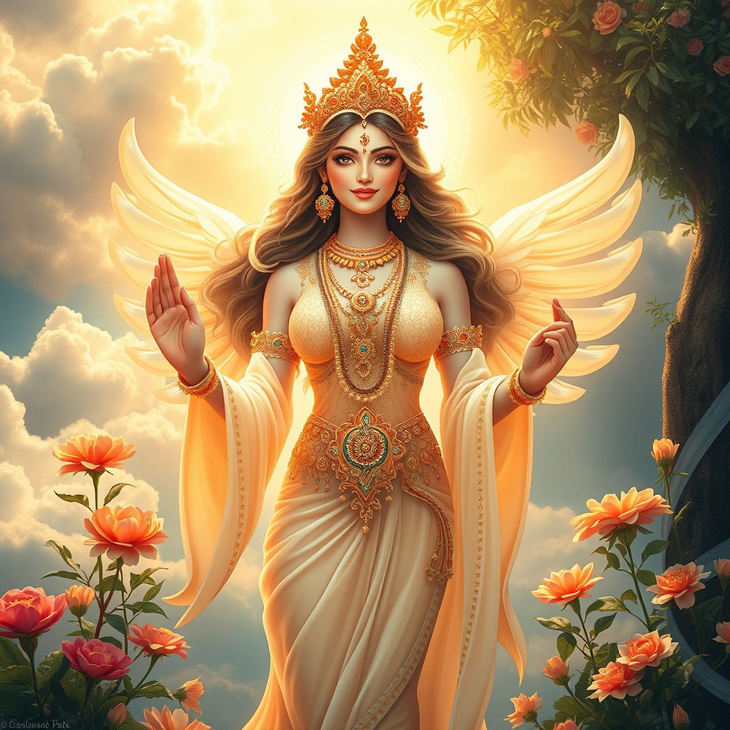 A stunningly beautiful divine feminine figure, radiating with ethereal light and grace, dressed in intricately embellished celestial garments, standing in a lush heavenly paradise (Swarg)